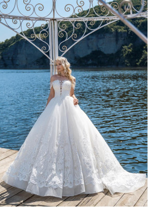 Off Shoulder Ivory Lace Tulle Corset Back Wedding Dress